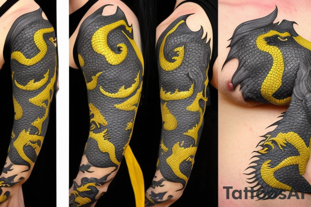 Shoulder sleeve
dragon tattoo with black scales, yellow highlights on scales, long sharp claws, silky hair and intense eyes. The dragon's head is on the shoulder, and the dragon's body wraps around the arm in a spiral. The dragon's mouth is open as if it's roaring. Snowy mountains in the distance. The tallest peak is in the centre of the design, and the snow is piled high on the ground.

silky hair
trippy
abstract white negative spaces tattoo idea
