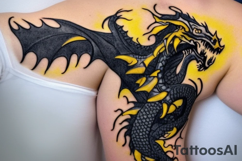 Shoulder sleeve
dragon tattoo with black scales, yellow highlights on scales, long sharp claws, silky hair and intense eyes. The dragon's head is on the shoulder, and the dragon's body wraps around the arm in a spiral. The dragon's mouth is open as if it's roaring. Snowy mountains in the distance. The tallest peak is in the centre of the design, and the snow is piled high on the ground.

silky hair
trippy
abstract white negative spaces tattoo idea