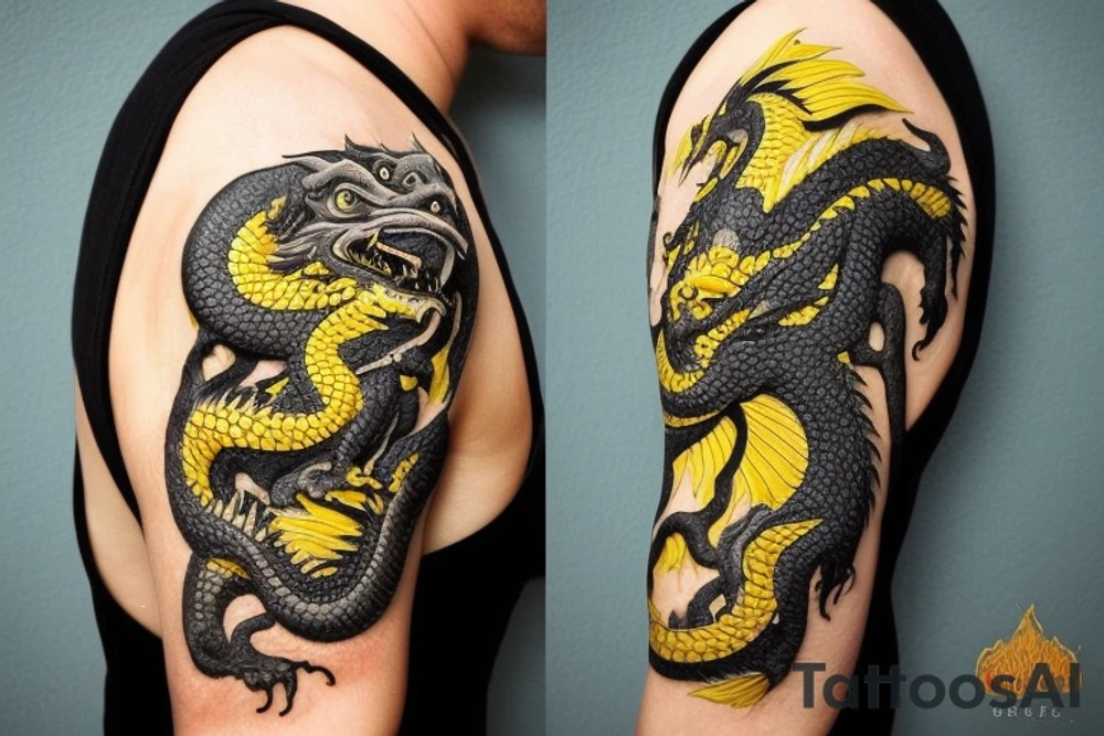 Shoulder sleeve
dragon tattoo with black scales, yellow highlights on scales, long sharp claws, silky hair and intense eyes. The dragon's head is on the shoulder, and the dragon's body wraps around the arm in a spiral. The dragon's mouth is open as if it's roaring. Snowy mountains in the distance. The tallest peak is in the centre of the design, and the snow is piled high on the ground.

silky hair
trippy
abstract white negative spaces tattoo idea