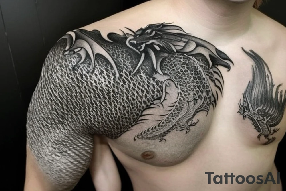 Shoulder sleeve
dragon tattoo with black scales, yellow highlights on scales, long sharp claws, silky hair and intense eyes. The dragon's head is on the shoulder, and the dragon's body wraps around the arm in a spiral. The dragon's mouth is open as if it's roaring. Snowy mountains in the distance. The tallest peak is in the centre of the design, and the snow is piled high on the ground.

silky hair
trippy
abstract white negative spaces tattoo idea