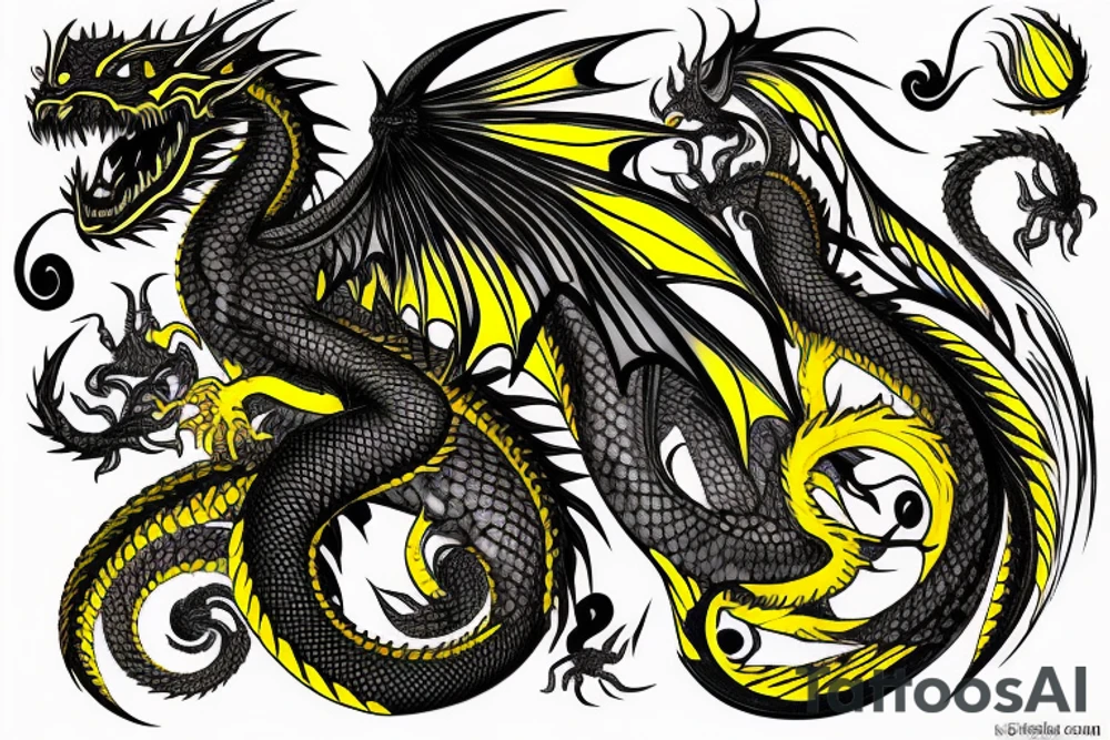 Shoulder sleeve
dragon tattoo with black scales, yellow highlights on scales, long sharp claws, silky hair and intense eyes. Dragon scales as background and dragon made into the scales

silky hair
trippy
abstract negative spaces tattoo idea
