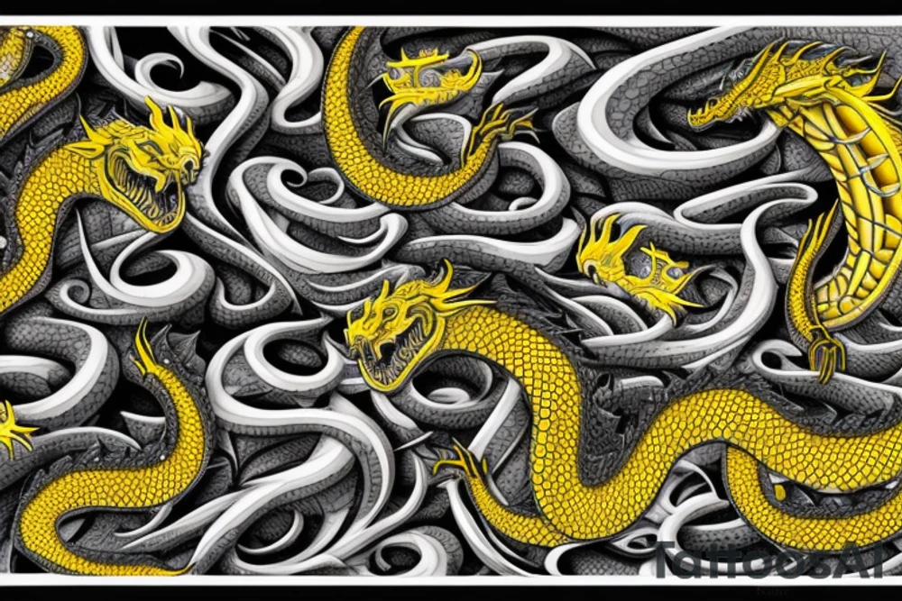 Shoulder sleeve
dragon tattoo with black scales, yellow highlights on scales, long sharp claws, silky hair and intense eyes. Dragon scales as background and dragon made into the scales

silky hair
trippy
abstract negative spaces tattoo idea