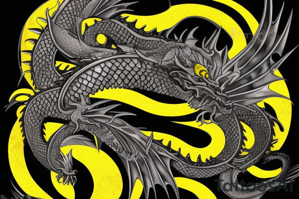 Shoulder sleeve
dragon tattoo with black scales, yellow highlights on scales, long sharp claws, silky hair and intense eyes. Dragon scales as background and dragon made into the scales

silky hair
trippy
abstract negative spaces tattoo idea