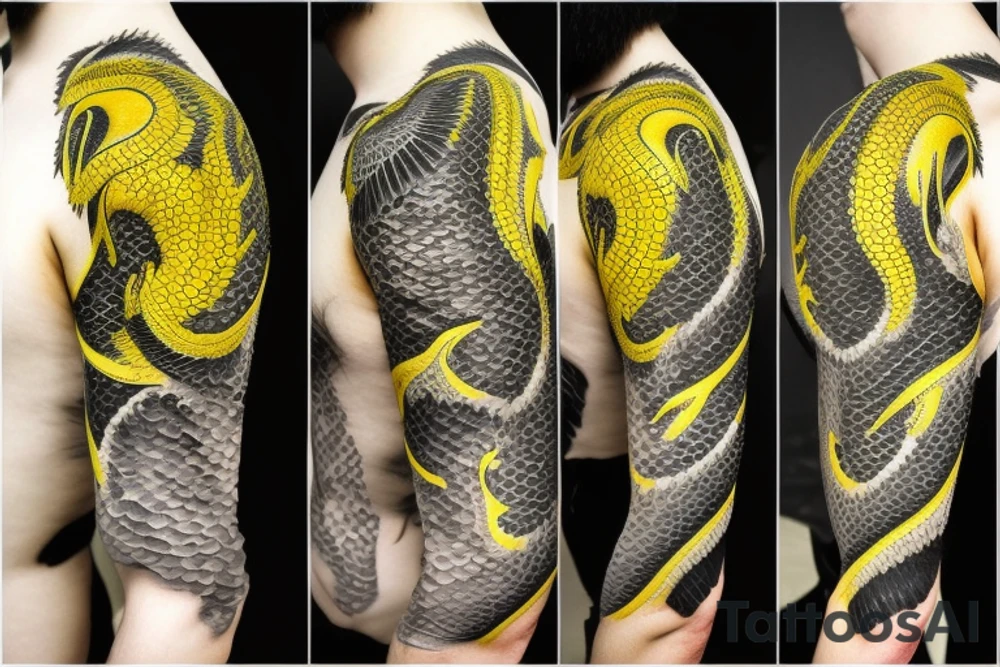Shoulder sleeve
dragon tattoo with black scales, yellow highlights on scales, long sharp claws, silky hair and intense eyes. dragon made into the scales

silky hair
trippy
abstract negative spaces tattoo idea