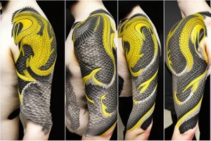 Shoulder sleeve
dragon tattoo with black scales, yellow highlights on scales, long sharp claws, silky hair and intense eyes. dragon made into the scales

silky hair
trippy
abstract negative spaces tattoo idea