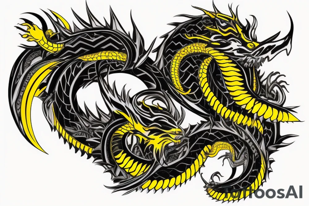 Shoulder sleeve
dragon tattoo with black scales, yellow highlights on scales, long sharp claws, silky hair and intense eyes. dragon made into the scales

silky hair
trippy
abstract negative spaces tattoo idea