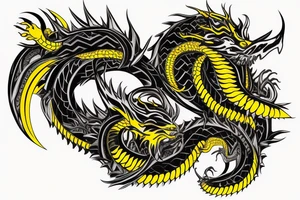 Shoulder sleeve
dragon tattoo with black scales, yellow highlights on scales, long sharp claws, silky hair and intense eyes. dragon made into the scales

silky hair
trippy
abstract negative spaces tattoo idea