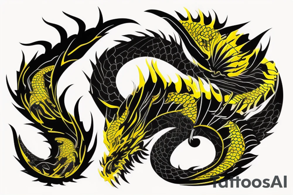 Shoulder sleeve
dragon tattoo with black scales, yellow highlights on scales, long sharp claws, silky hair and intense eyes. dragon made into the scales

silky hair
trippy
abstract negative spaces tattoo idea