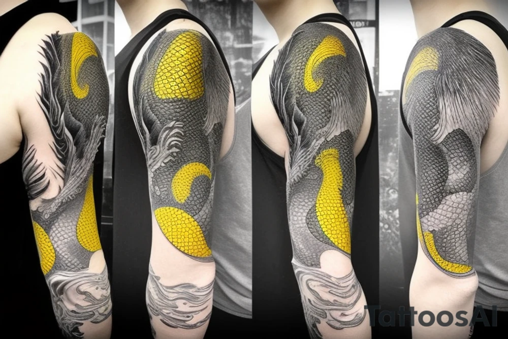 Shoulder sleeve
dragon tattoo with black scales, yellow highlights on scales, long sharp claws, silky hair and intense eyes. dragon made into the scales

silky hair
trippy
abstract negative spaces tattoo idea