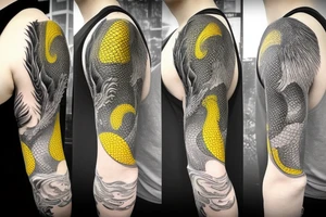 Shoulder sleeve
dragon tattoo with black scales, yellow highlights on scales, long sharp claws, silky hair and intense eyes. dragon made into the scales

silky hair
trippy
abstract negative spaces tattoo idea