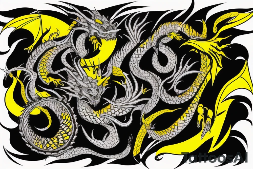 Shoulder sleeve
dragon tattoo with black scales, yellow highlights on scales, long sharp claws, silky hair and intense eyes. dragon made into rockface

silky hair
trippy
abstract negative spaces tattoo idea