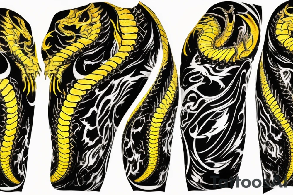 Shoulder sleeve
dragon tattoo with black scales, yellow highlights on scales, long sharp claws, silky hair and intense eyes. dragon made into a rockface

silky hair
trippy
abstract negative spaces tattoo idea