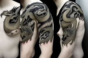 Shoulder sleeve
dragon tattoo with black scales, yellow highlights on scales, long sharp claws, silky hair and intense eyes. dragon made into a rockface

silky hair
trippy
abstract negative spaces tattoo idea