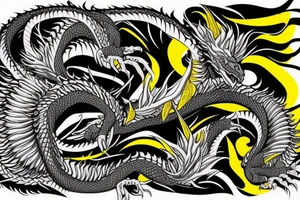 Shoulder sleeve
dragon tattoo with black scales, yellow highlights on scales, long sharp claws, silky hair and intense eyes. dragon made into a rockface

silky hair
trippy
abstract negative spaces tattoo idea