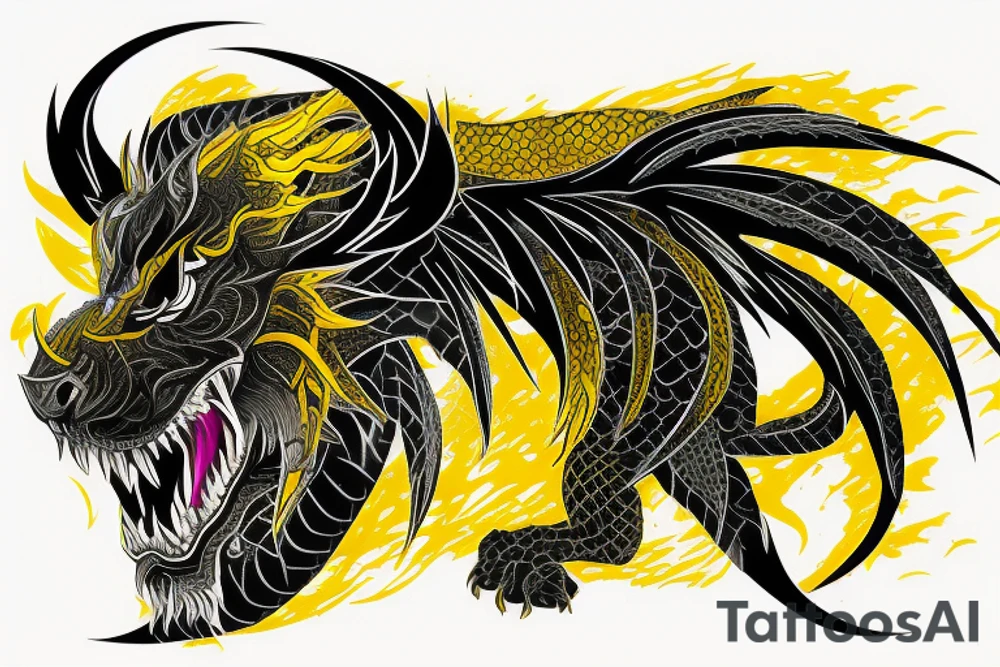 Shoulder sleeve
dragon tattoo with black scales, yellow highlights on scales, long sharp claws, silky hair and intense eyes. dragon made into a lion

silky hair
trippy
abstract negative spaces tattoo idea