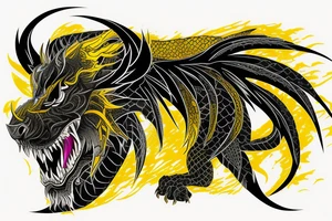 Shoulder sleeve
dragon tattoo with black scales, yellow highlights on scales, long sharp claws, silky hair and intense eyes. dragon made into a lion

silky hair
trippy
abstract negative spaces tattoo idea