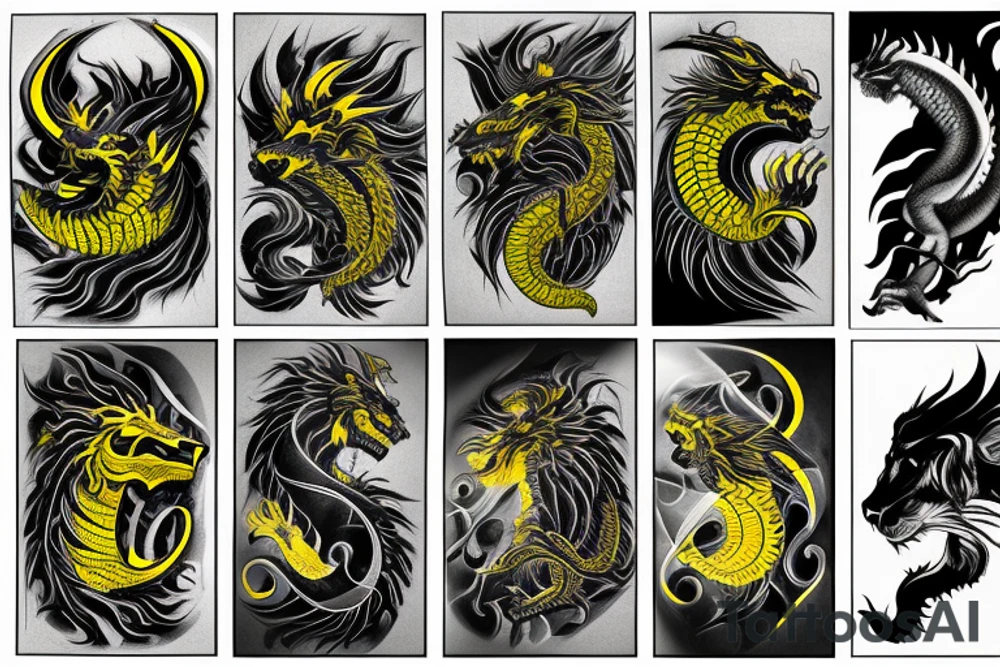 Shoulder sleeve
dragon tattoo with black scales, yellow highlights on scales, long sharp claws, silky hair and intense eyes. dragon made into a lion

silky hair
trippy
abstract negative spaces tattoo idea
