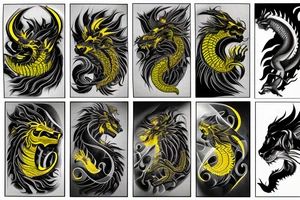 Shoulder sleeve
dragon tattoo with black scales, yellow highlights on scales, long sharp claws, silky hair and intense eyes. dragon made into a lion

silky hair
trippy
abstract negative spaces tattoo idea