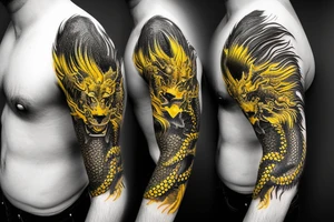 Shoulder sleeve
dragon tattoo with black scales, yellow highlights on scales, long sharp claws, silky hair and intense eyes. dragon made into a lion

silky hair
trippy
abstract negative spaces tattoo idea