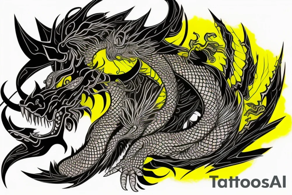 Shoulder sleeve
dragon tattoo with black scales, yellow highlights on scales, long sharp claws, silky hair and intense eyes. dragon made into a lion

silky hair
trippy
abstract negative spaces tattoo idea