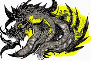 Shoulder sleeve
dragon tattoo with black scales, yellow highlights on scales, long sharp claws, silky hair and intense eyes. dragon made into a lion

silky hair
trippy
abstract negative spaces tattoo idea