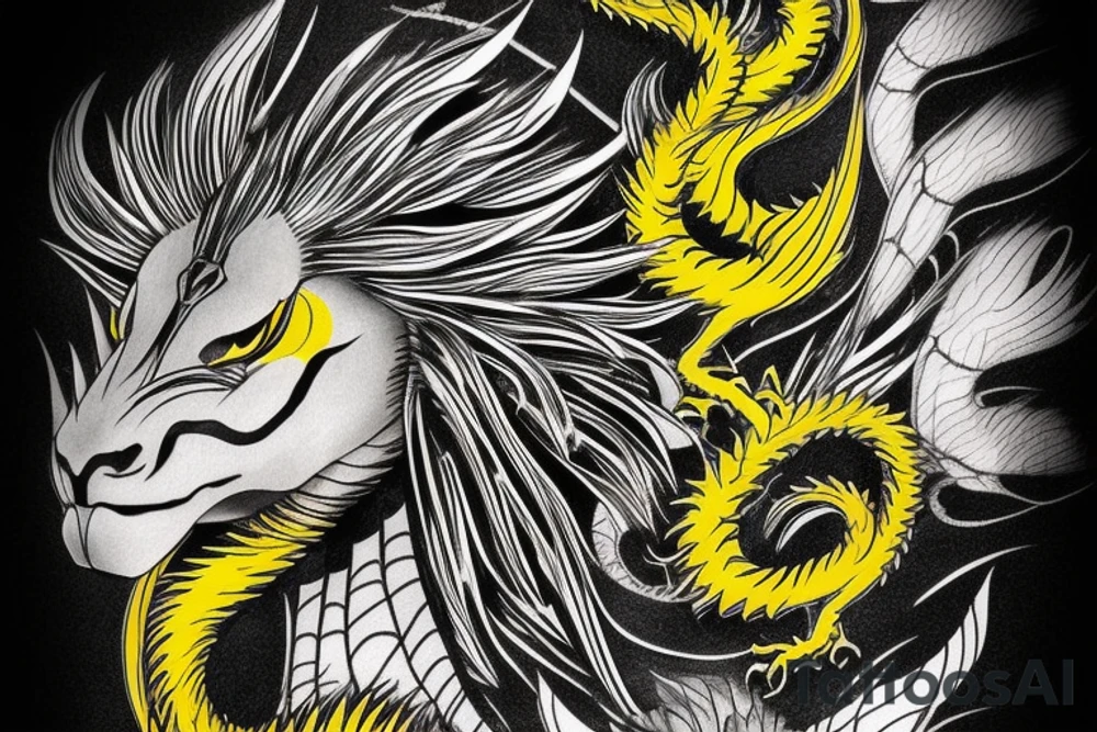 Shoulder sleeve
dragon tattoo with black scales, yellow highlights on scales, long sharp claws, silky hair and intense eyes. dragon has lions hair

silky hair
trippy
abstract negative spaces tattoo idea