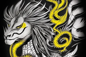 Shoulder sleeve
dragon tattoo with black scales, yellow highlights on scales, long sharp claws, silky hair and intense eyes. dragon has lions hair

silky hair
trippy
abstract negative spaces tattoo idea