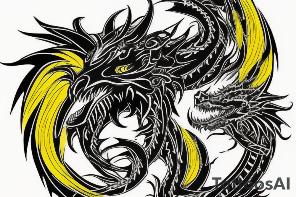 Shoulder sleeve
dragon tattoo with black scales, yellow highlights on scales, long sharp claws, silky hair and intense eyes. dragon has lions hair

silky hair
trippy
abstract negative spaces tattoo idea