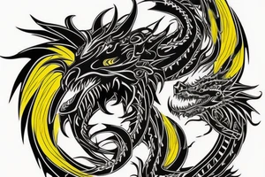 Shoulder sleeve
dragon tattoo with black scales, yellow highlights on scales, long sharp claws, silky hair and intense eyes. dragon has lions hair

silky hair
trippy
abstract negative spaces tattoo idea