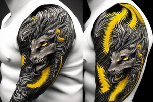 Shoulder sleeve
dragon tattoo with black scales, yellow highlights on scales, long sharp claws, silky hair and intense eyes. dragon has lions hair

silky hair
trippy
abstract negative spaces tattoo idea