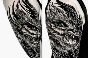 Shoulder sleeve
dragon tattoo with black scales, yellow highlights on scales, long sharp claws, silky hair and intense eyes. dragon has lions hair

silky hair
trippy
abstract negative spaces tattoo idea