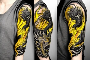 Shoulder sleeve
dragon tattoo with black scales, yellow highlights on scales, long sharp claws, silky hair and intense eyes. dragon has lions hair

silky hair
trippy
abstract negative spaces tattoo idea