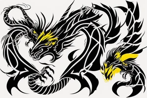 Shoulder sleeve
dragon tattoo with black scales, yellow highlights on scales, long sharp claws, silky hair and intense eyes. dragon has lions hair

silky hair
trippy
abstract negative spaces tattoo idea