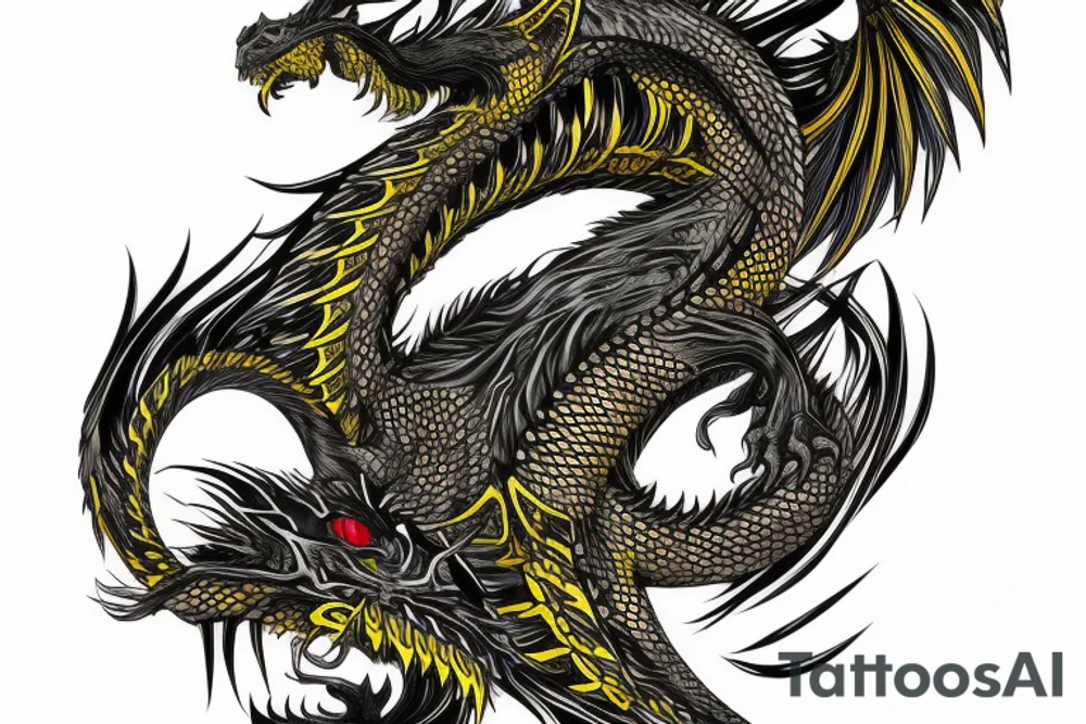 Shoulder sleeve
dragon tattoo with black scales, yellow highlights on scales, long sharp claws, silky hair and intense eyes. dragon has lions hair

silky hair
trippy
abstract negative spaces tattoo idea