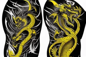 Shoulder sleeve
dragon tattoo with black scales, yellow highlights on scales, long sharp claws, silky hair and intense eyes. dragon has lions hair

silky hair
trippy
abstract negative spaces tattoo idea