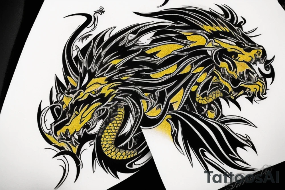 Shoulder sleeve
dragon tattoo with black scales, yellow highlights on scales, long sharp claws, silky hair and intense eyes. dragon has lions hair

silky hair
trippy
abstract negative spaces tattoo idea