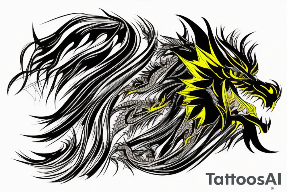 Shoulder sleeve
dragon tattoo with black scales, yellow highlights on scales, long sharp claws, silky hair and intense eyes. dragon has lions hair

silky hair
trippy
abstract negative spaces
scratch marks tattoo idea
