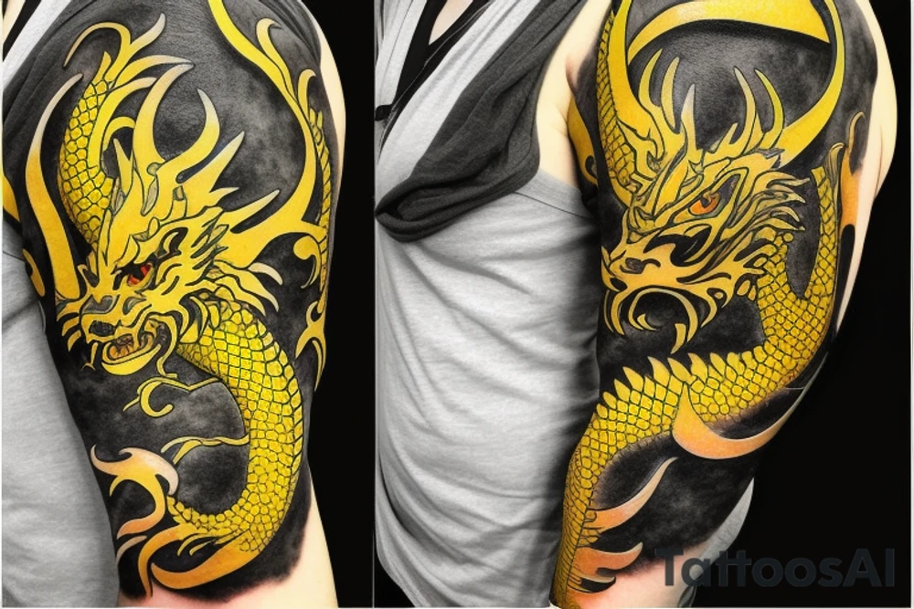 Shoulder sleeve
dragon tattoo with black scales, yellow highlights on scales, long sharp claws, silky hair and intense eyes. dragon has lions hair

silky hair
trippy
abstract negative spaces
scratch marks tattoo idea