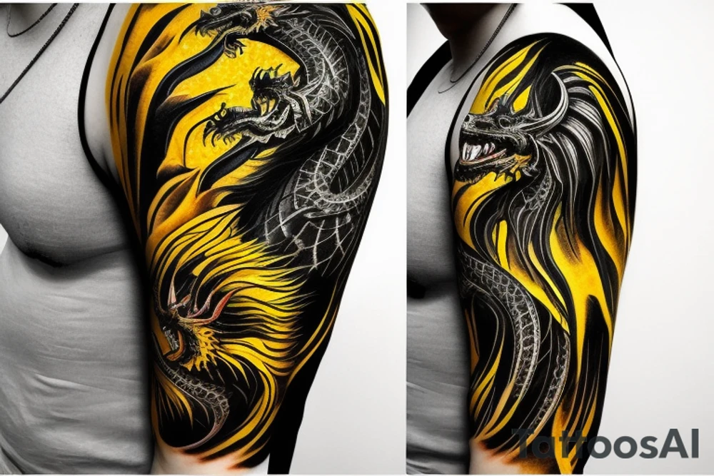 Shoulder sleeve
dragon tattoo with black scales, yellow highlights on scales, long sharp claws, silky hair and intense eyes. dragon has lions hair

silky hair
trippy
abstract negative spaces
scratch marks tattoo idea