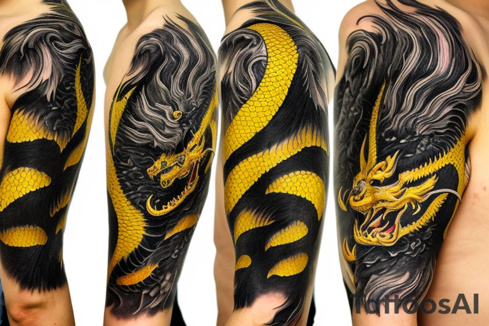 Shoulder sleeve
dragon tattoo with black scales, yellow highlights on scales, long sharp claws, silky hair and intense eyes. dragon has lions hair

silky hair
trippy
abstract negative spaces
scratch marks tattoo idea