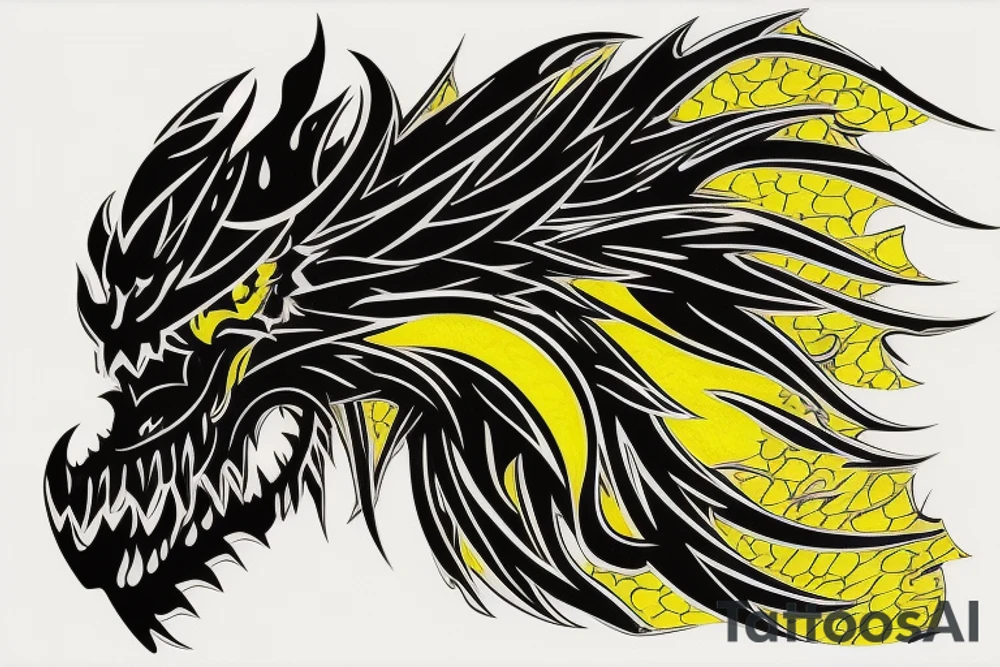 Shoulder sleeve
dragon tattoo with black scales, yellow highlights on scales, long sharp claws, silky hair and intense eyes. dragon has lions hair

silky hair
trippy
abstract negative spaces
scratch marks tattoo idea
