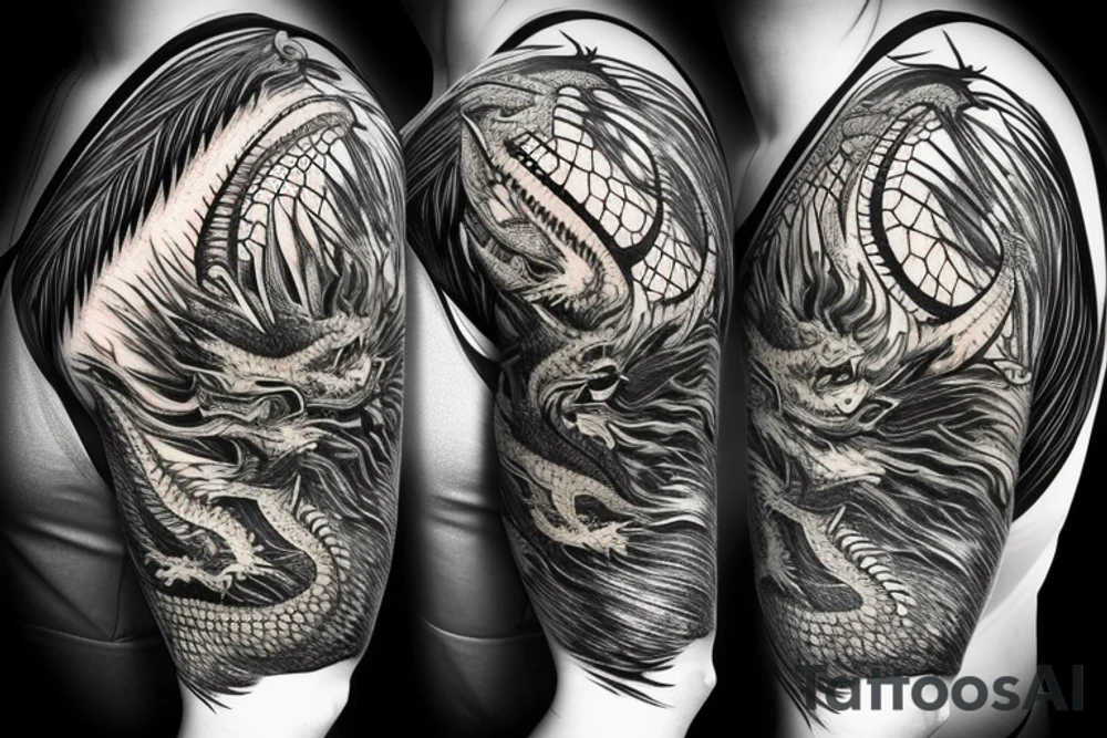 Shoulder sleeve
dragon tattoo with black scales, yellow highlights on scales, long sharp claws, silky hair and intense eyes. dragon has lions hair

silky hair
trippy
abstract negative spaces
scratch marks tattoo idea