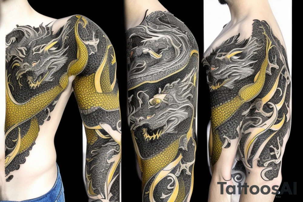 Shoulder sleeve
dragon tattoo with black scales, yellow highlights on scales, long sharp claws, silky hair and intense eyes. dragon has lions hair

silky hair
trippy
abstract negative spaces
scratch marks tattoo idea