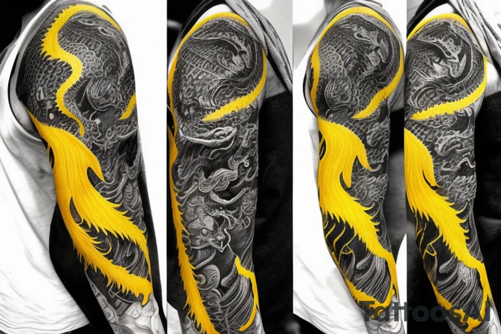 Shoulder sleeve
dragon tattoo with black scales, yellow highlights on scales, long sharp claws, silky hair and intense eyes. dragon has lions hair

silky hair
trippy
abstract negative spaces
scratch marks tattoo idea