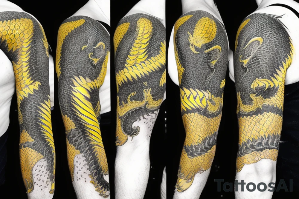 Shoulder sleeve
dragon tattoo with black scales, yellow highlights on scales, long sharp claws, silky hair and intense eyes. dragon has lions hair

silky hair
trippy
abstract negative spaces
scratch marks tattoo idea