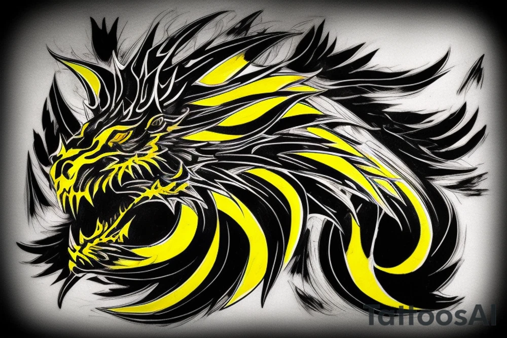 Shoulder sleeve
dragon tattoo with black scales, yellow highlights on scales, long sharp claws, silky hair and intense eyes. dragon has lions hair

silky hair
trippy
abstract negative spaces
scratch marks tattoo idea