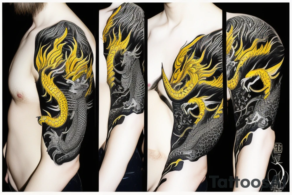 Shoulder sleeve
dragon tattoo with black scales, yellow highlights on scales, long sharp claws, silky hair and intense eyes. dragon has lions hair

silky hair
trippy
abstract negative spaces
scratch marks tattoo idea