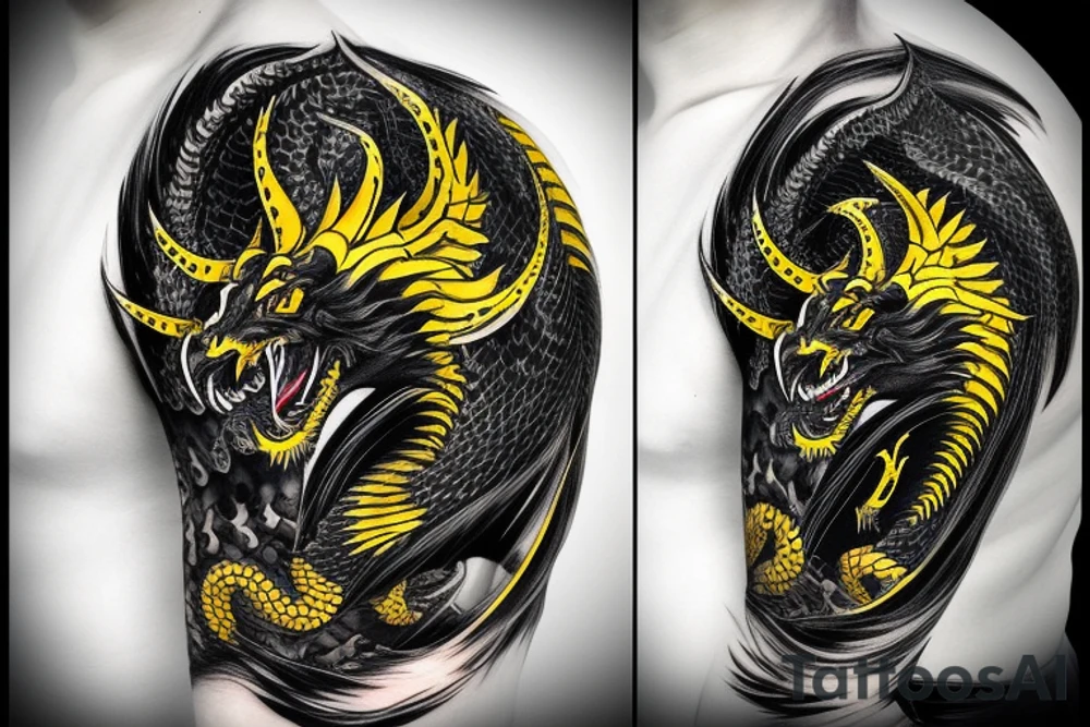 Shoulder sleeve
dragon tattoo with black scales, yellow highlights on scales, long sharp claws, silky hair and intense eyes. dragon has lions hair

silky hair
trippy
abstract negative spaces
scratch marks tattoo idea