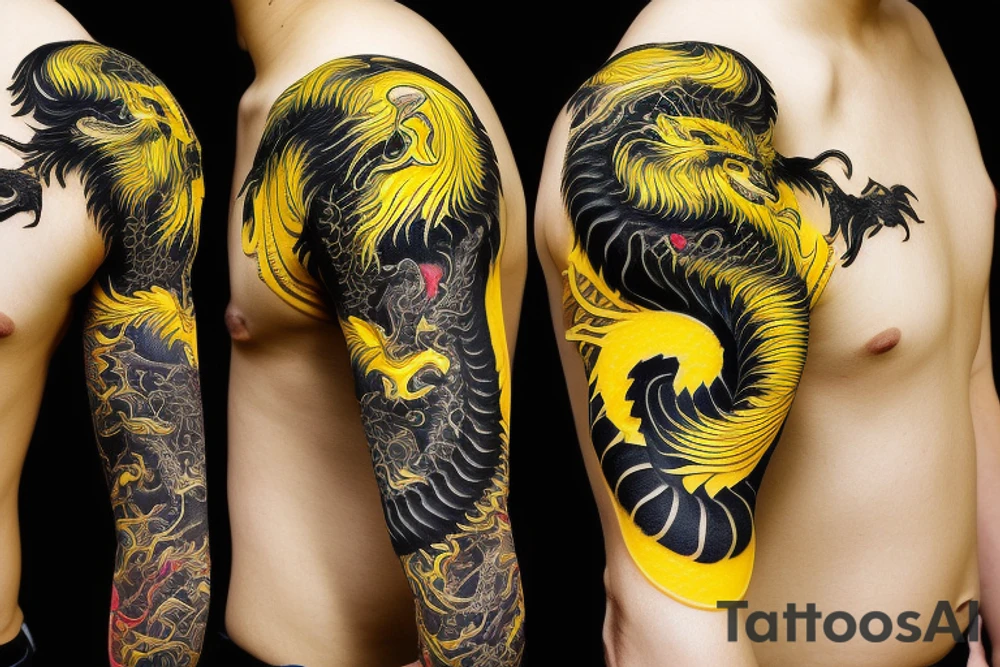 Shoulder sleeve
dragon tattoo with black scales, yellow highlights on scales, long sharp claws, silky hair and intense eyes. dragon has lions hair

silky hair
trippy
abstract negative spaces
scratch marks tattoo idea