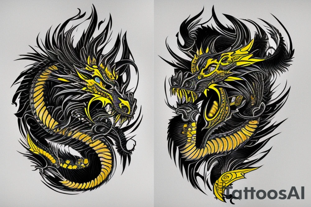 Shoulder sleeve
dragon tattoo with black scales, yellow highlights on scales, long sharp claws, silky hair and intense eyes. dragon has lions hair

silky hair
trippy
abstract negative spaces
scratch marks tattoo idea